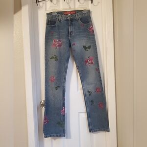 Women’s Vintage Guess Blue Floral Painted Straight-Leg Jeans